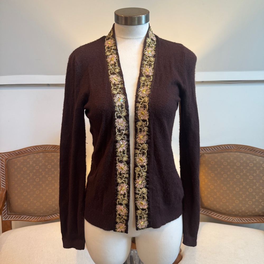 Vintage 90s Cache Chocolate Brown Beaded Cashmere Blend Cardigan Sweater S/M